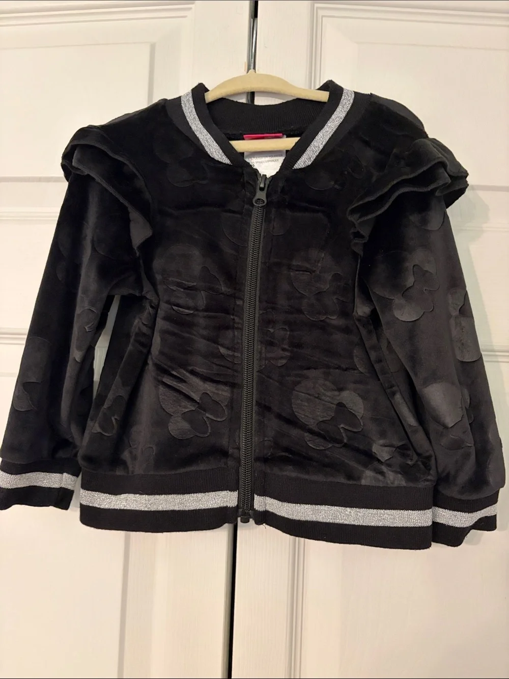 Disney Minnie Mouse Full Zip Velvet Jacket With Sequinned Minnie On Back 2T EUC